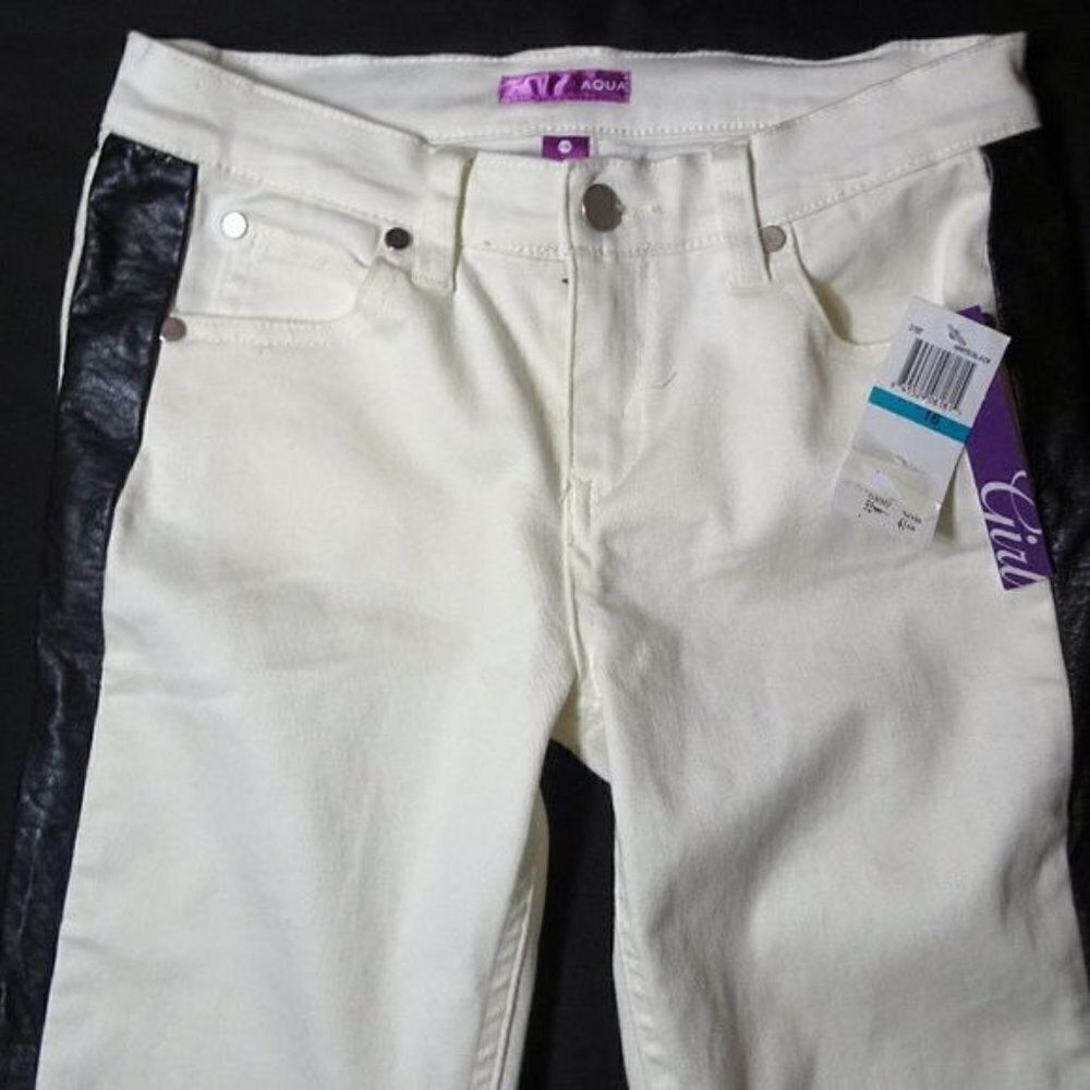Girls Aqua White Jeans w/ Black Faux leather Size 16